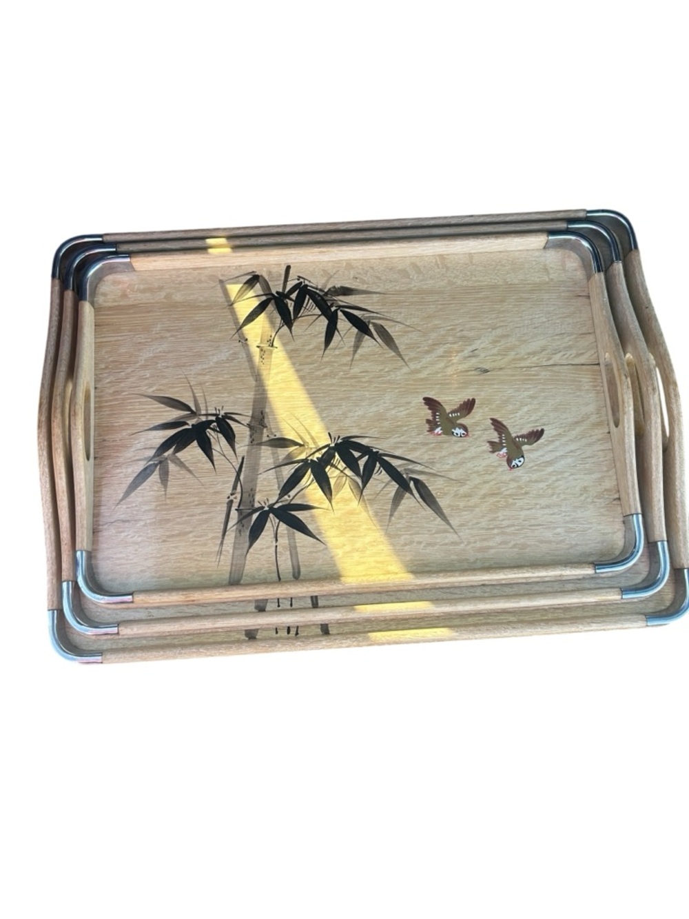 Vintage Mid-Century Modern Nesting Wooden Serving Trays Set of 3 Hand Painted